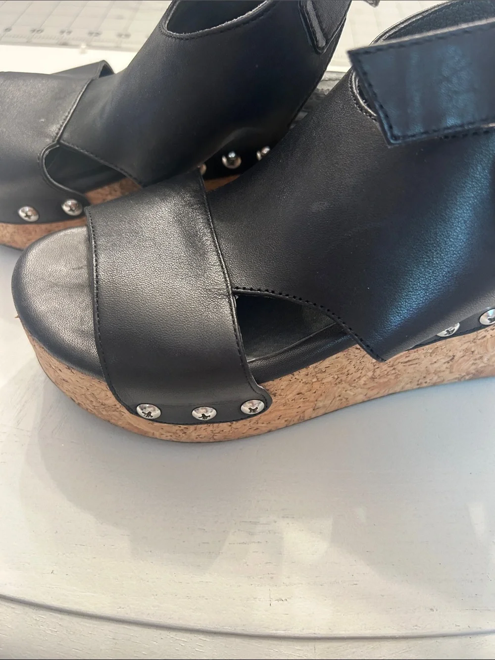bussola Black Leather Cork Wedge Sandals
